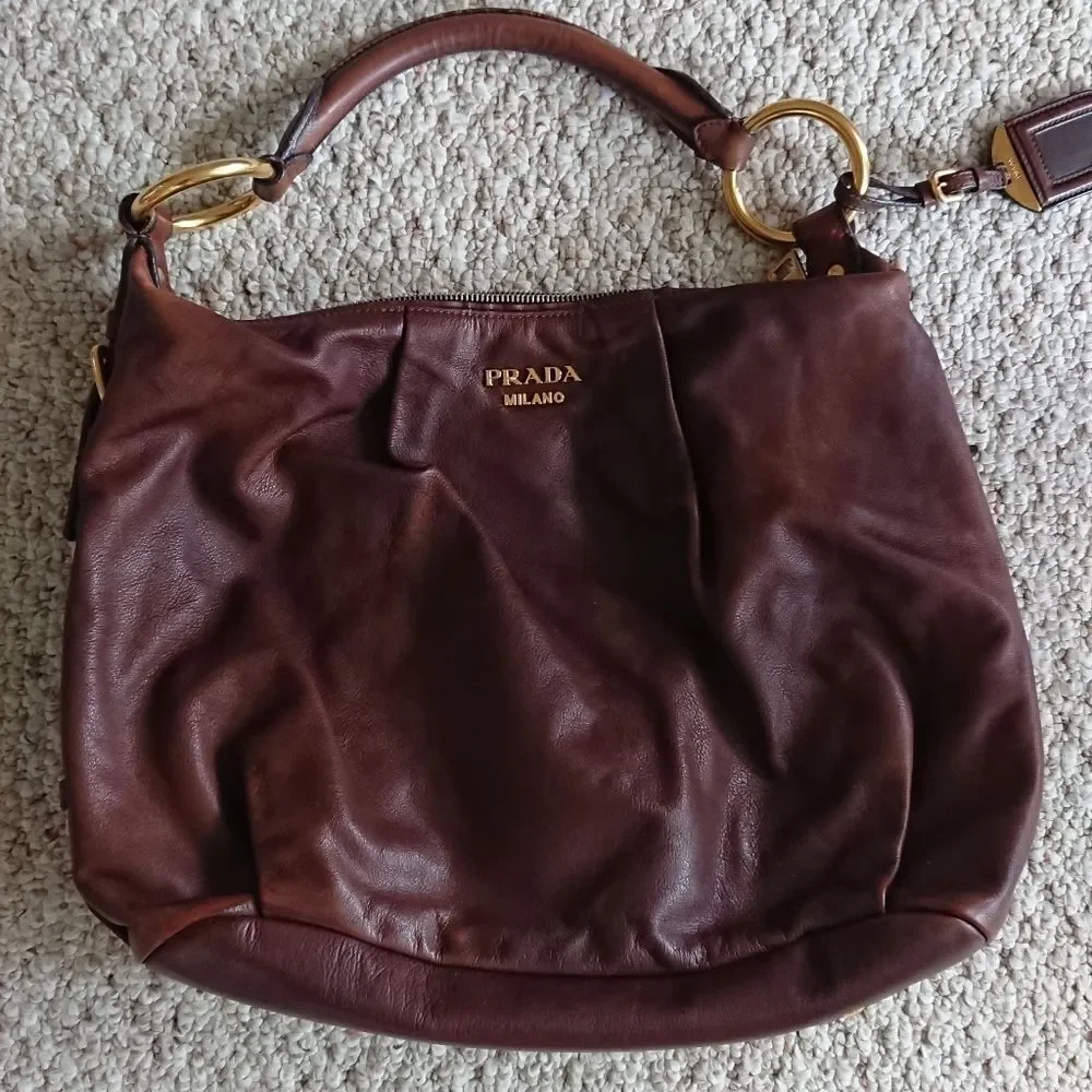 PRADA coffee brown calfskin Hobo Bag